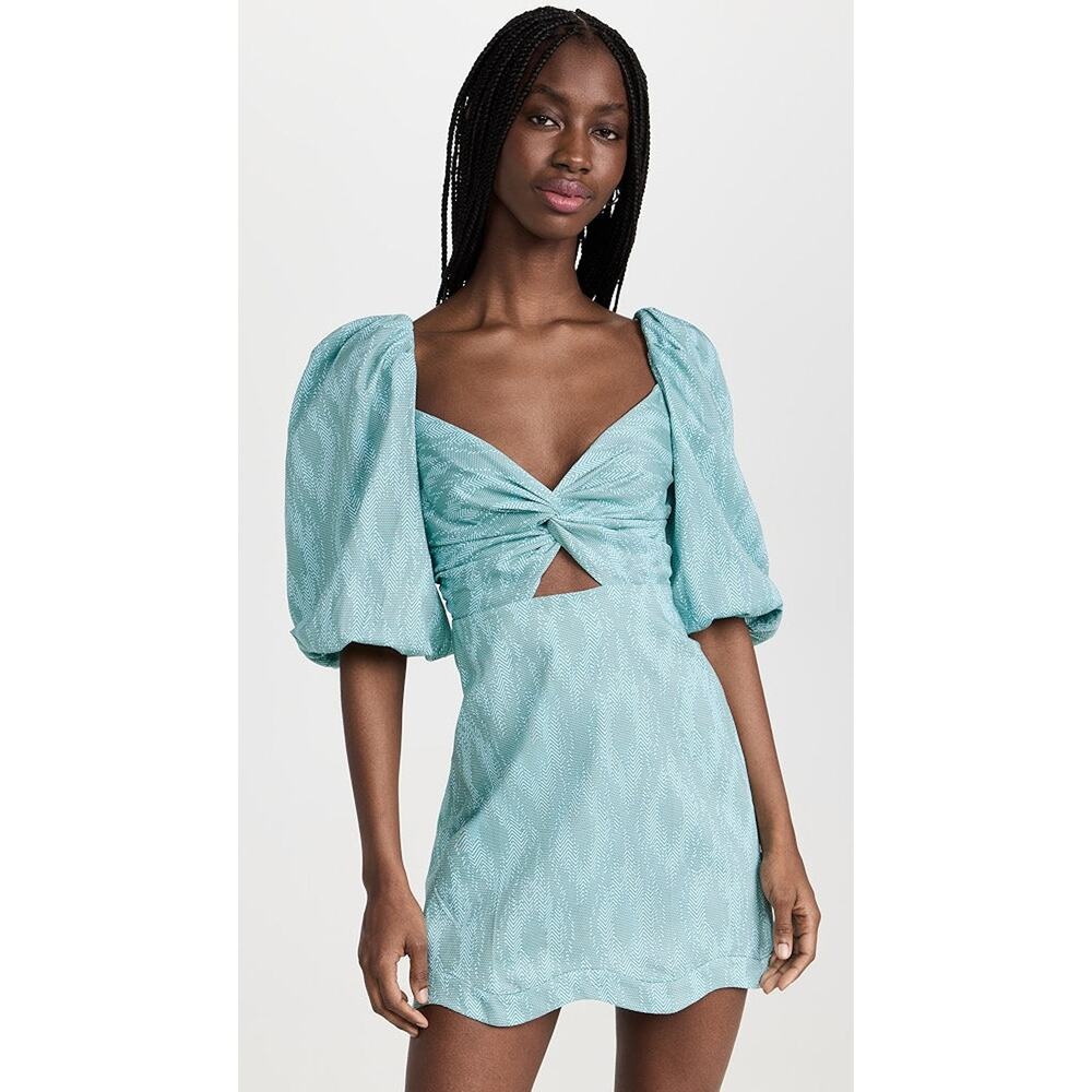 NWT Alexis Valera Puff Sleeve Sweetheart Neck Mini Dress Jade Weave Women's S